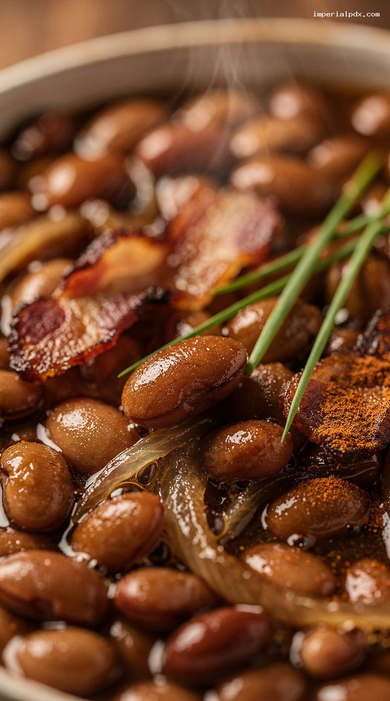 Molasses Bacon Baked Beans With Mustard and Onions – Closeup