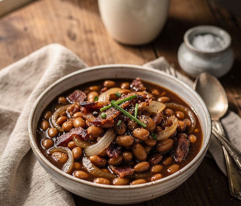 Molasses Bacon Baked Beans With Mustard and Onions