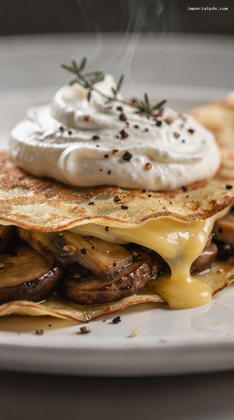 Mushroom Swiss Thyme Crepes With Crème Fraîche – Closeup