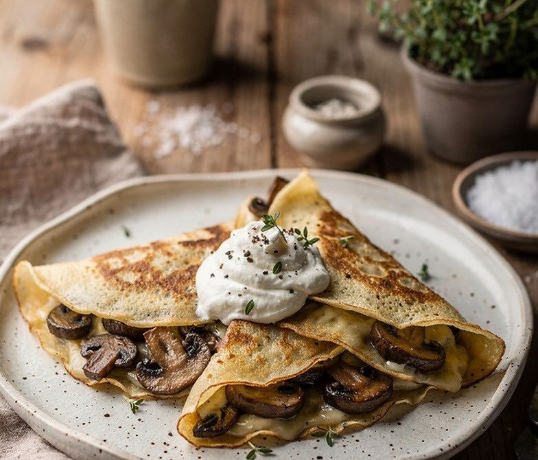 Mushroom Swiss Thyme Crepes With Crème Fraîche