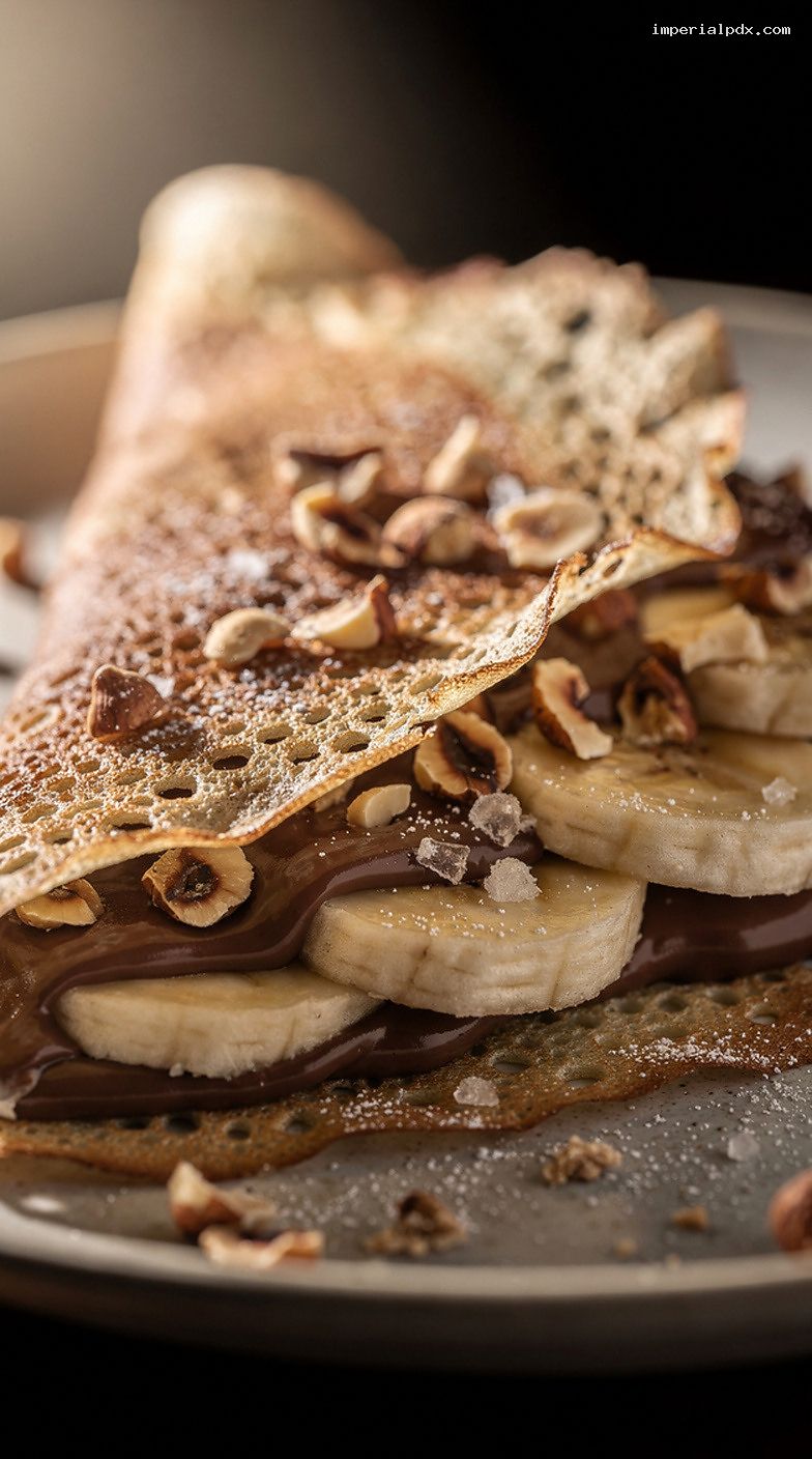 Nutella Banana Hazelnut Crepes With Powdered Sugar and Flaky Salt – Closeup