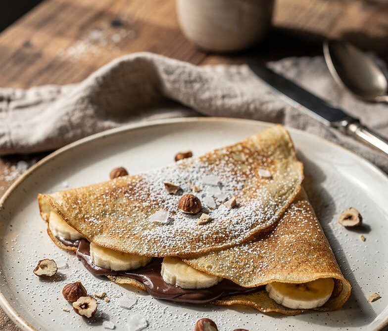 Nutella Banana Hazelnut Crepes With Powdered Sugar and Flaky Salt