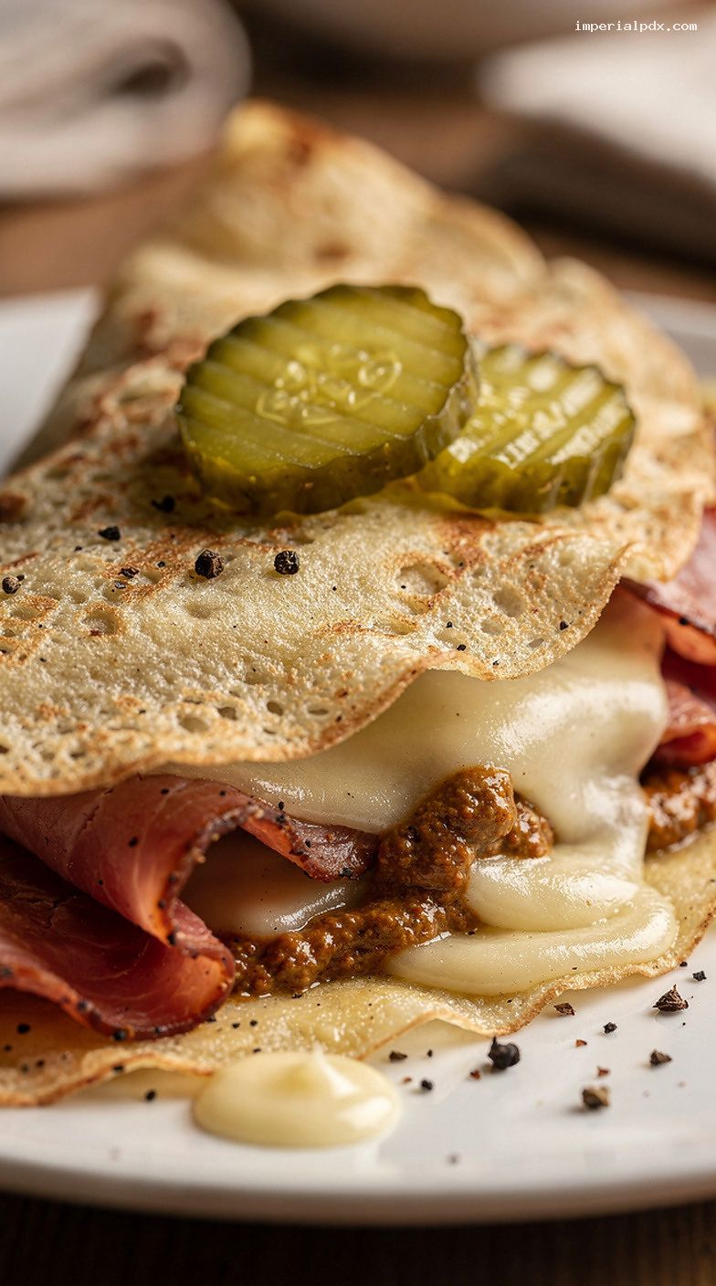 Pastrami, Swiss, and Spicy Mustard Deli Crepes with Pickles – Closeup