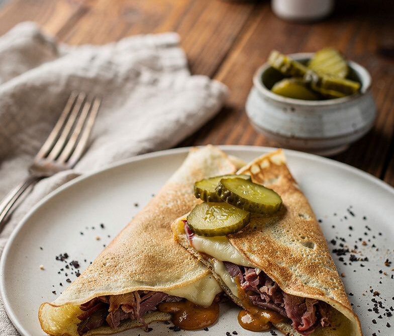 Pastrami, Swiss, and Spicy Mustard Deli Crepes with Pickles
