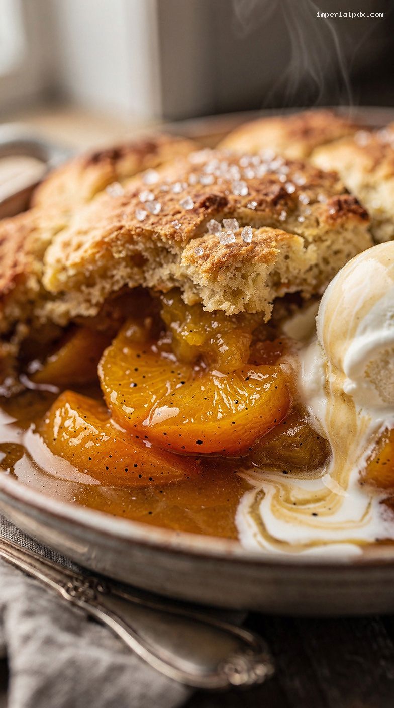 Peach Cobbler With Golden Biscuit Topping – Closeup