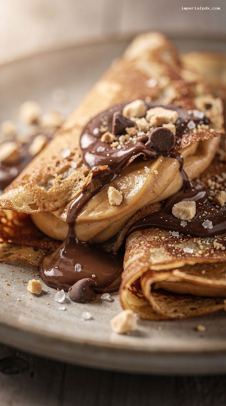 Peanut Butter Chocolate Pretzel Crepes With Flaky Salt – Closeup