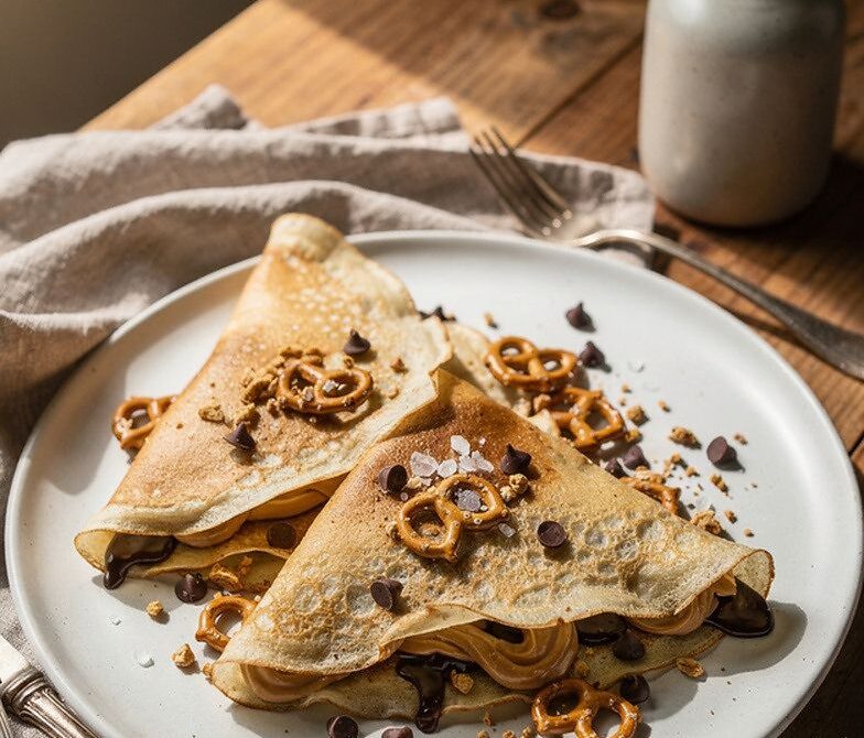 Peanut Butter Chocolate Pretzel Crepes With Flaky Salt