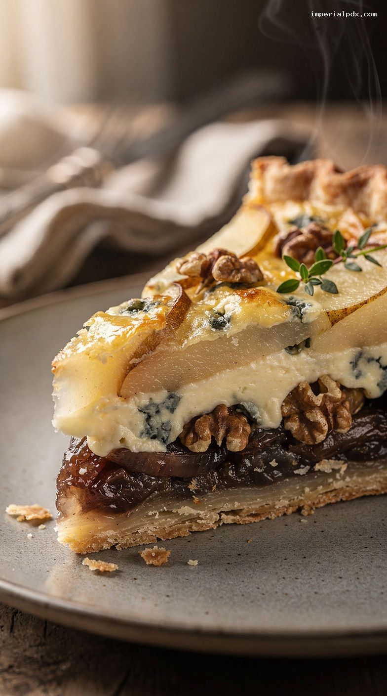Pear and Blue Cheese Pie With Caramelized Onions and Walnuts – Closeup