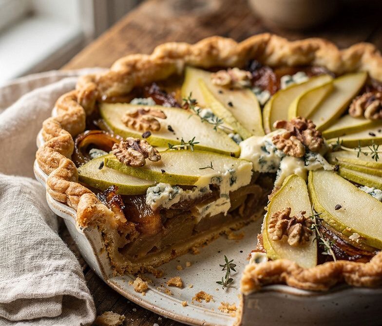 Pear and Blue Cheese Pie With Caramelized Onions and Walnuts