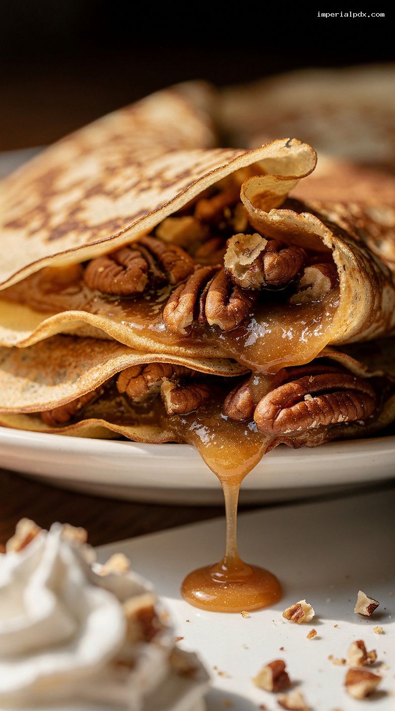 Pecan Pie Crepes With Gooey Brown Sugar Pecan Filling – Closeup