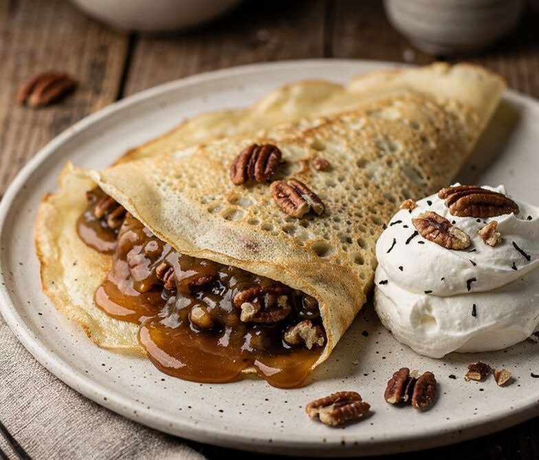 Pecan Pie Crepes With Gooey Brown Sugar Pecan Filling