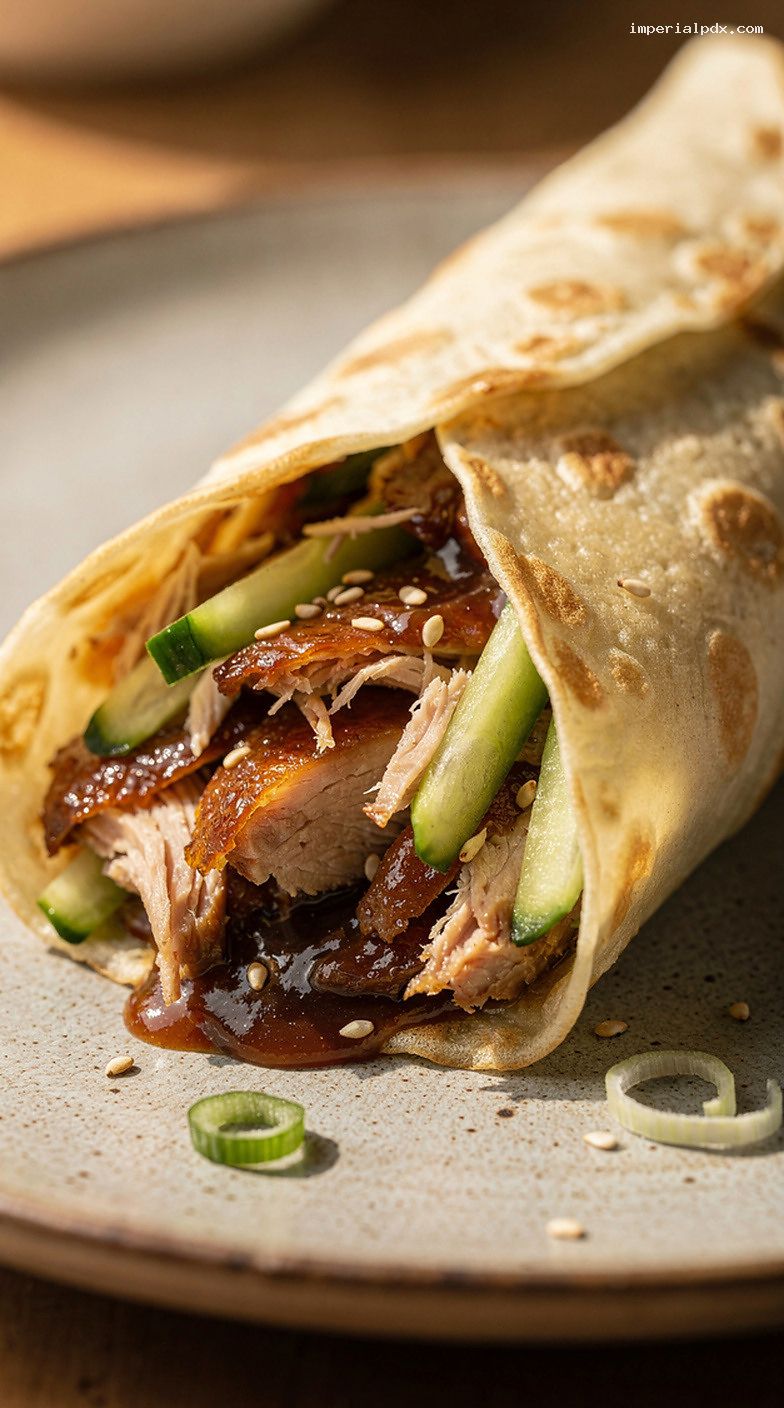 Peking Duck-Inspired Hoisin Crepes With Cucumber and Scallions – Closeup