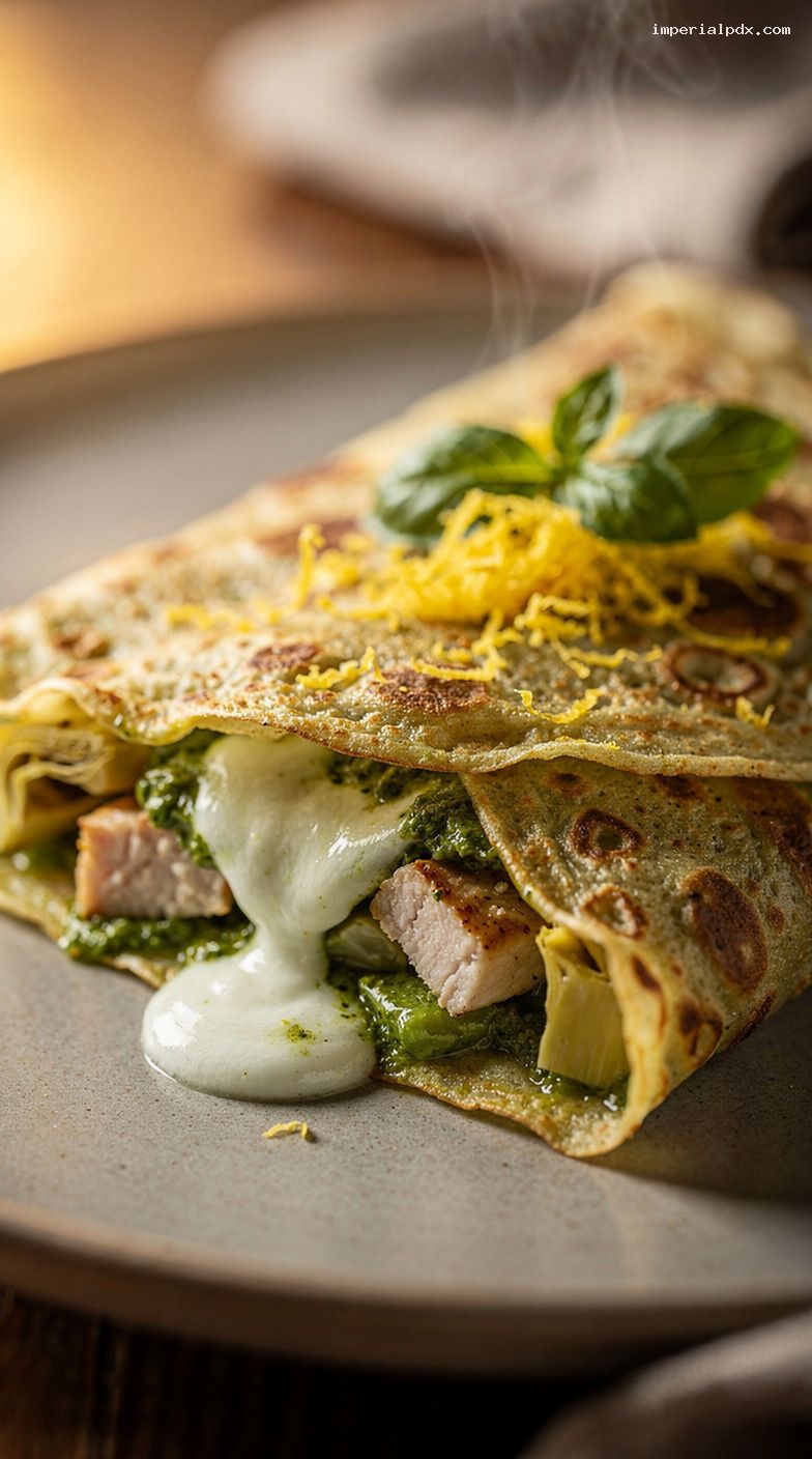 Pesto Chicken and Artichoke Crepes With Melty Mozzarella – Closeup