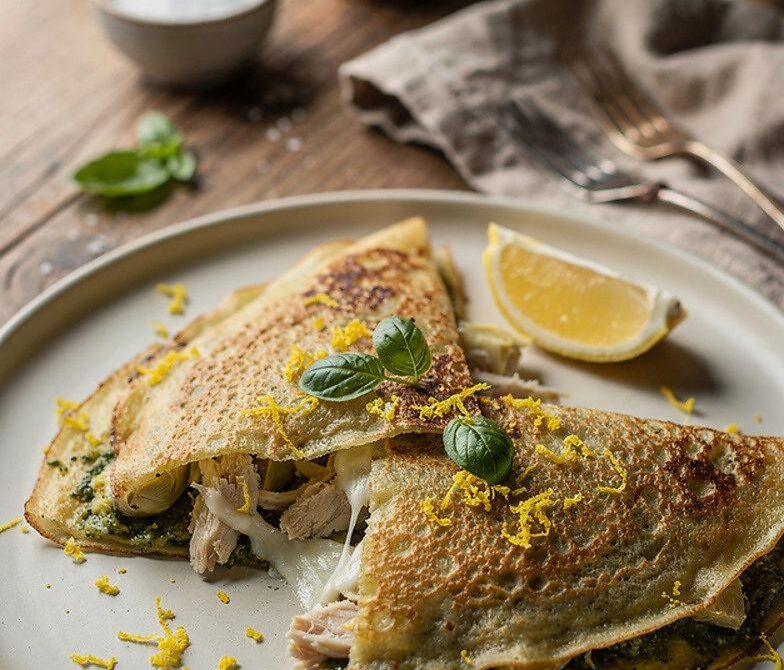 Pesto Chicken and Artichoke Crepes With Melty Mozzarella