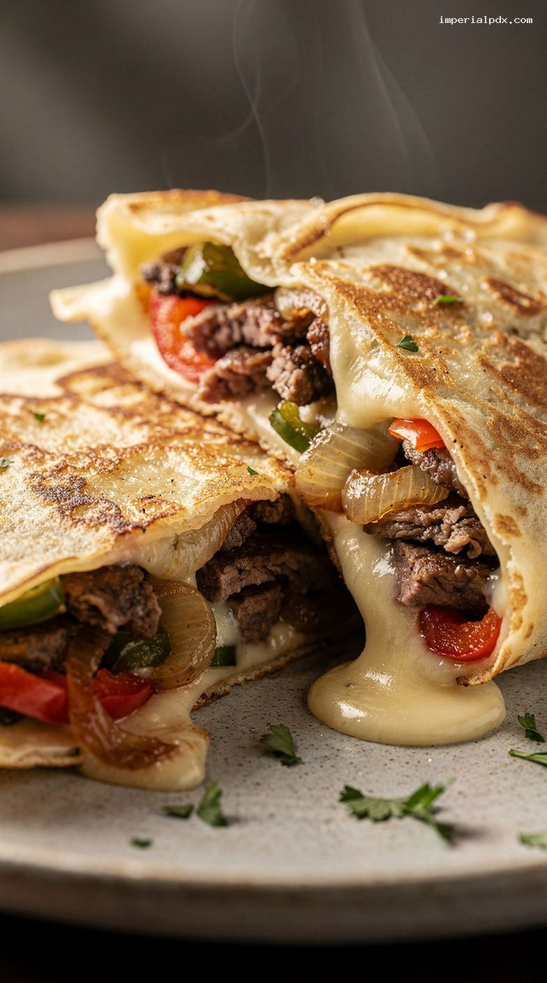 Philly Cheesesteak Crepes With Gooey Provolone and Garlic Butter – Closeup