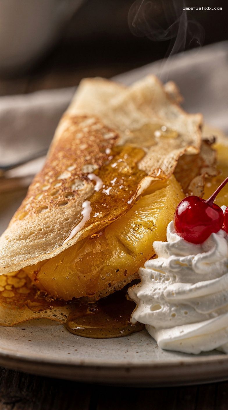 Pineapple Upside-Down Crepes With Whipped Cream and Cherries – Closeup