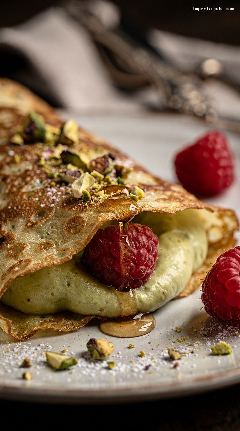 Pistachio Rose Raspberry Crepes with Pistachio Cream – Closeup