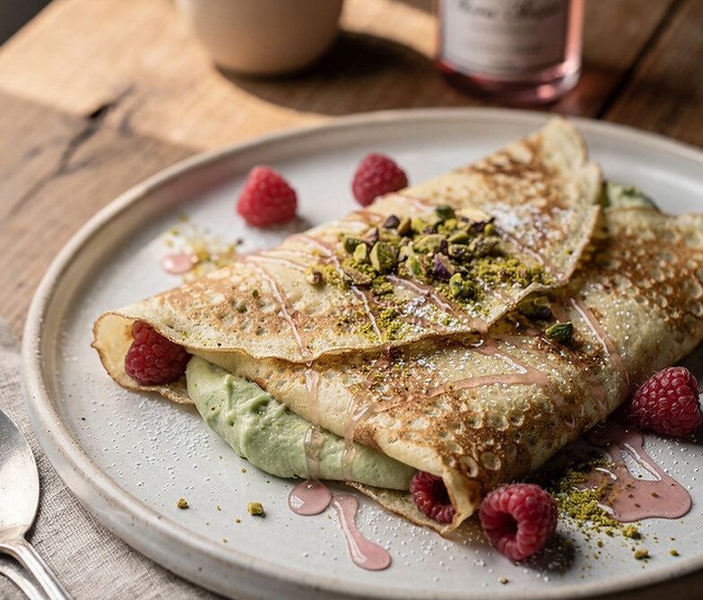 Pistachio Rose Raspberry Crepes with Pistachio Cream