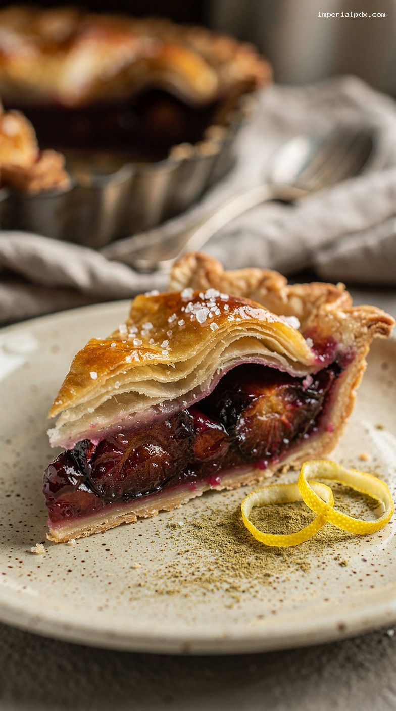 Plum and Cardamom Pie With Flaky Crust – Closeup