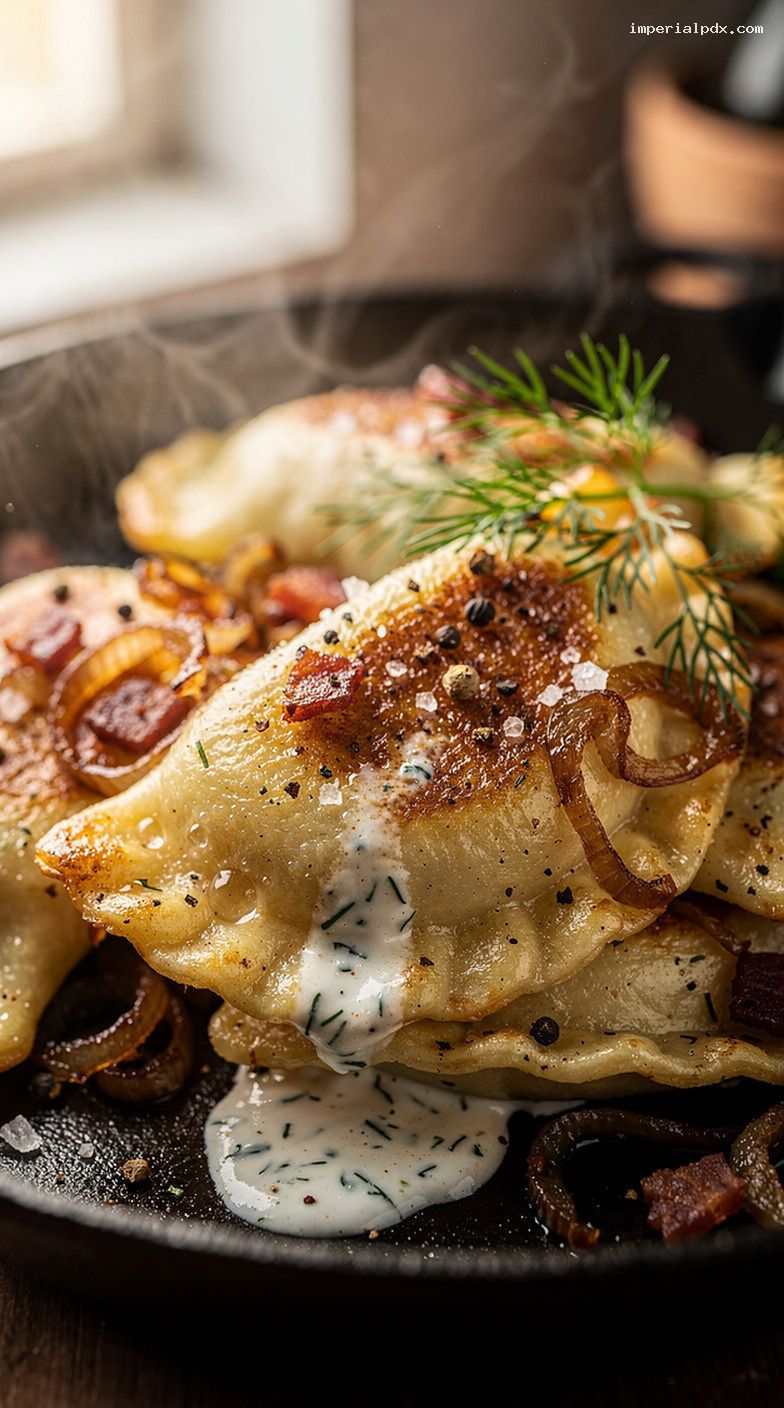 Potato Cheddar Pierogi Skillet With Bacon, Onions, and Dill – Closeup