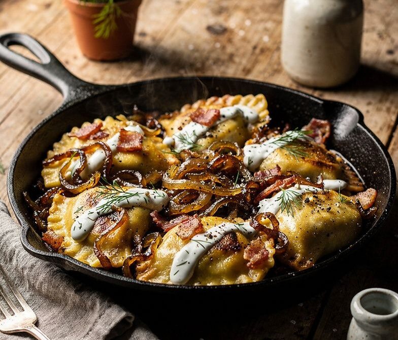 Potato Cheddar Pierogi Skillet With Bacon, Onions, and Dill
