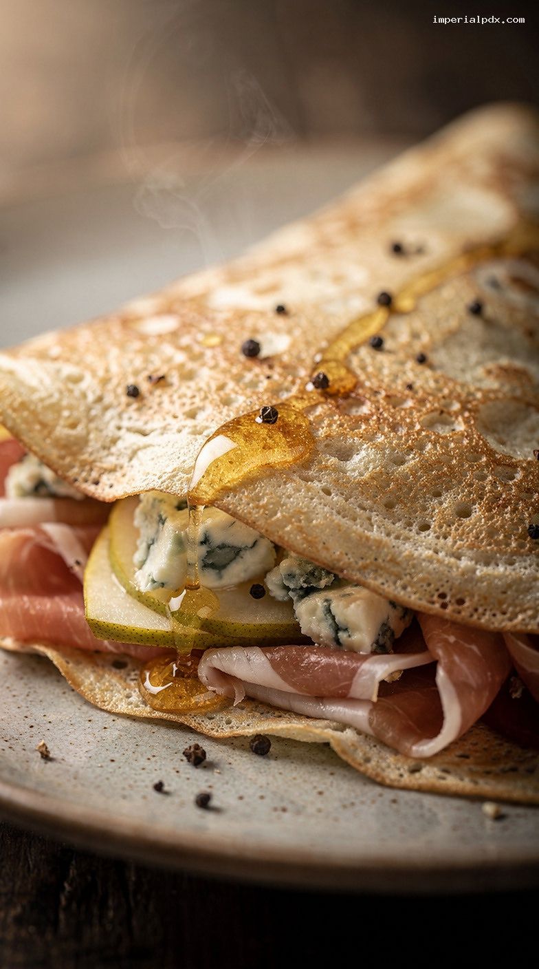 Prosciutto Pear Gorgonzola Crepes With Honey Drizzle – Closeup
