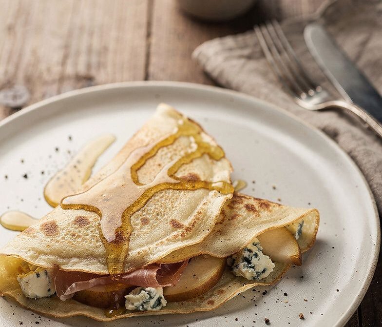 Prosciutto Pear Gorgonzola Crepes With Honey Drizzle