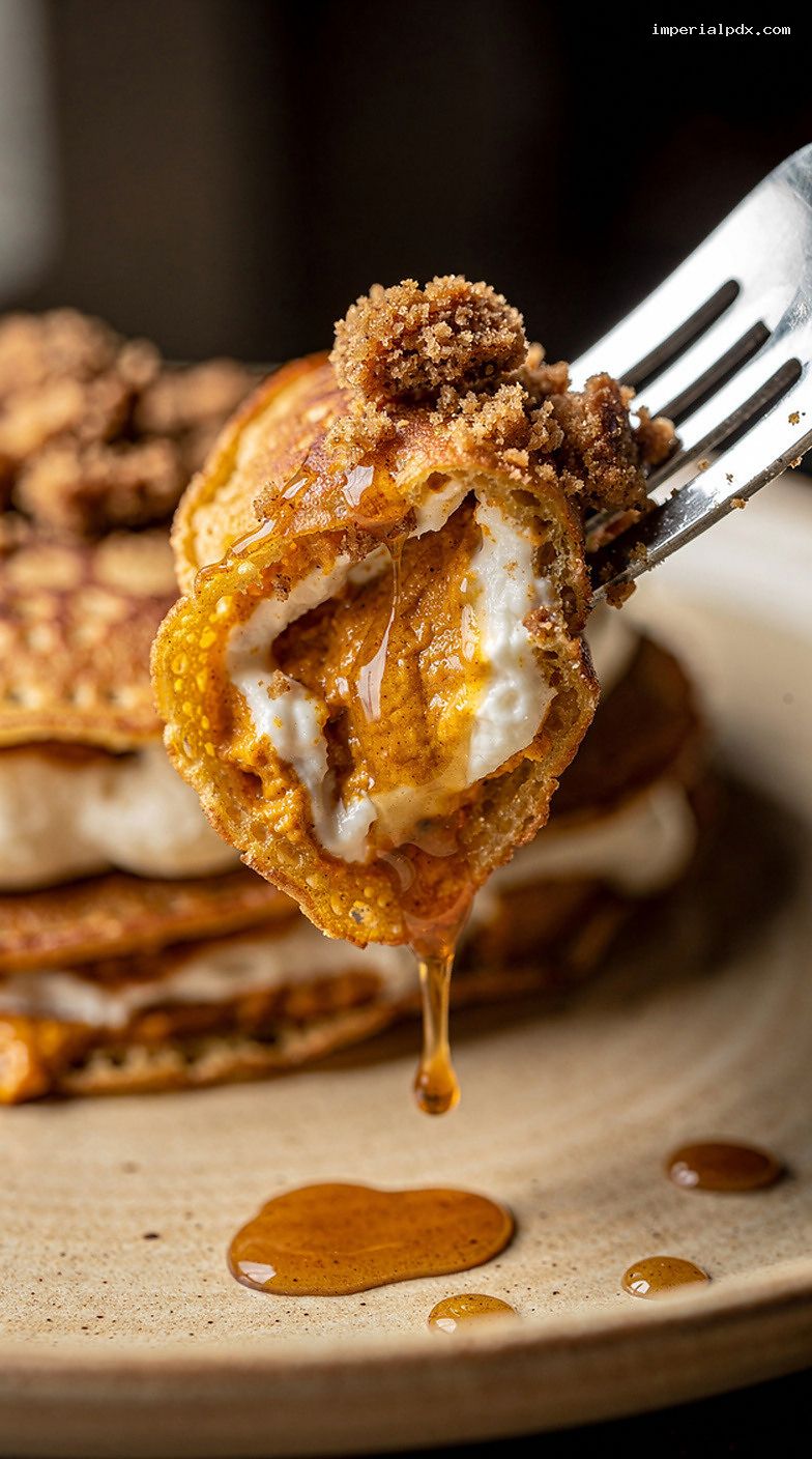 Pumpkin Pie Crepes With Cream Cheese and Gingersnap Crunch – Closeup
