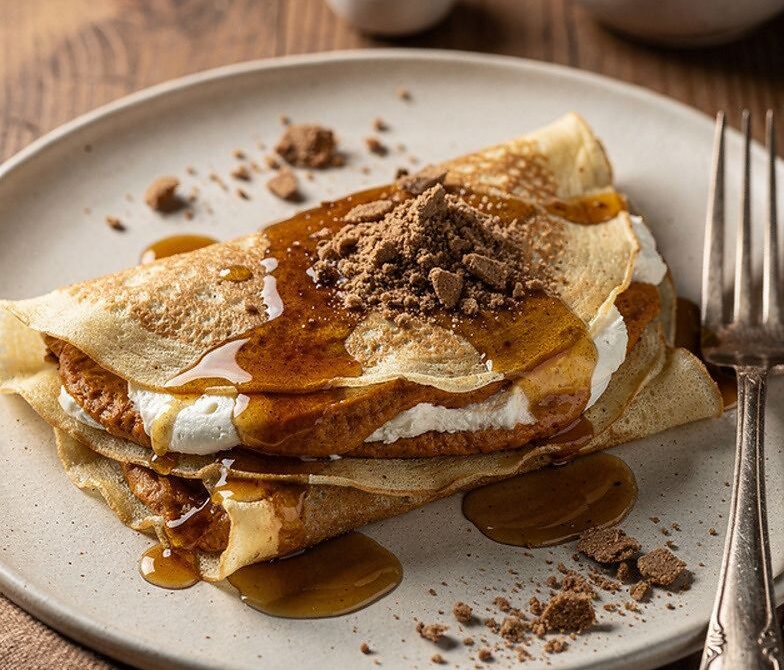 Pumpkin Pie Crepes With Cream Cheese and Gingersnap Crunch