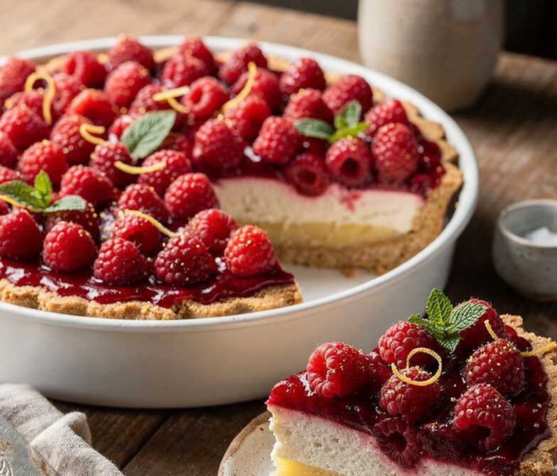 Raspberry Cream Cheese Pie With Lemon in a Baked Crust