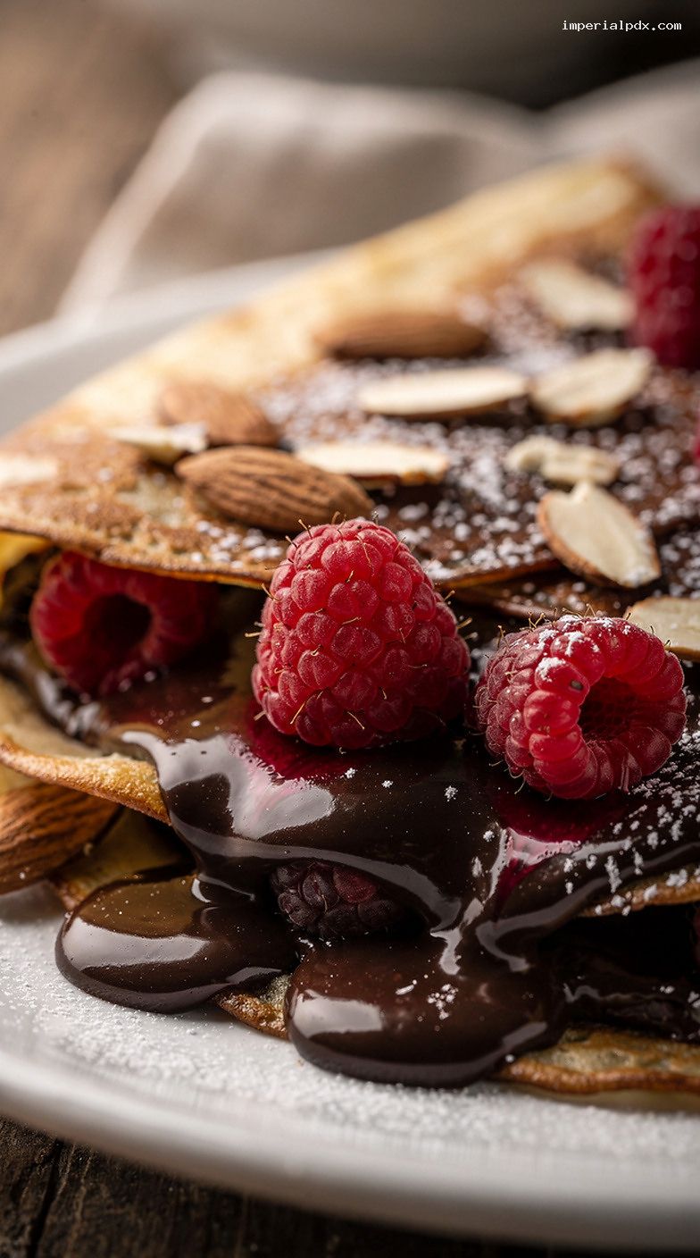 Raspberry Dark Chocolate Almond Crepes with Toasted Almonds – Closeup