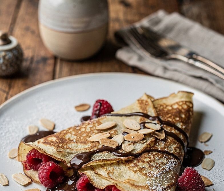 Raspberry Dark Chocolate Almond Crepes with Toasted Almonds