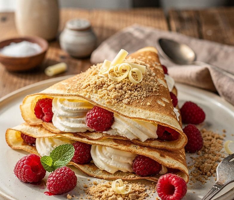 Raspberry White Chocolate Cheesecake Crepes with Vanilla Wafer Crumble