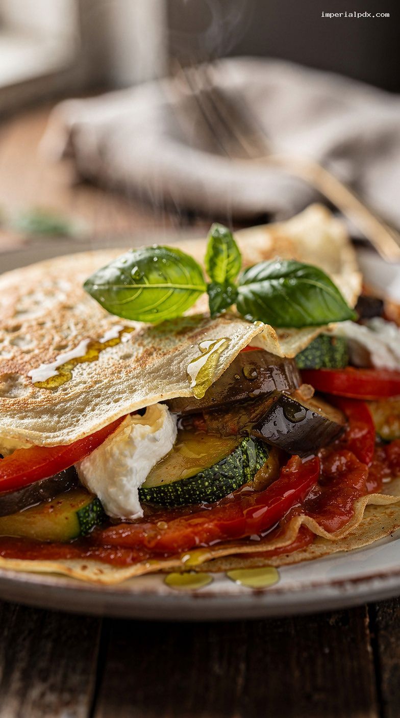 Ratatouille and Goat Cheese Crepes with Basil Olive Oil Drizzle – Closeup