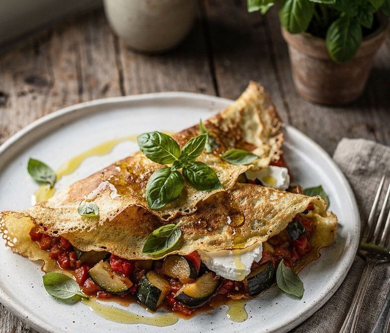 Ratatouille and Goat Cheese Crepes with Basil Olive Oil Drizzle