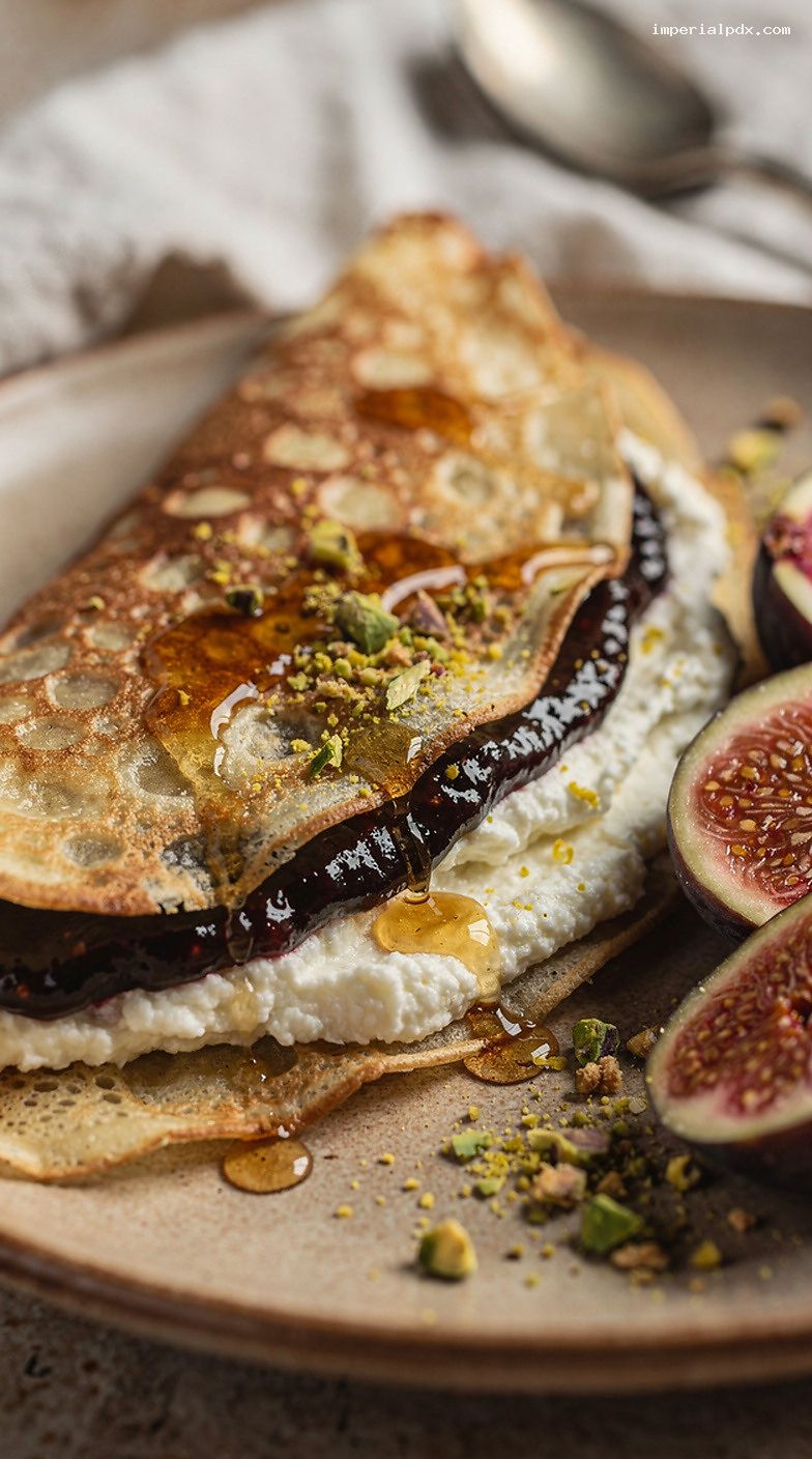 Ricotta and Fig Crepes With Honey and Pistachios – Closeup