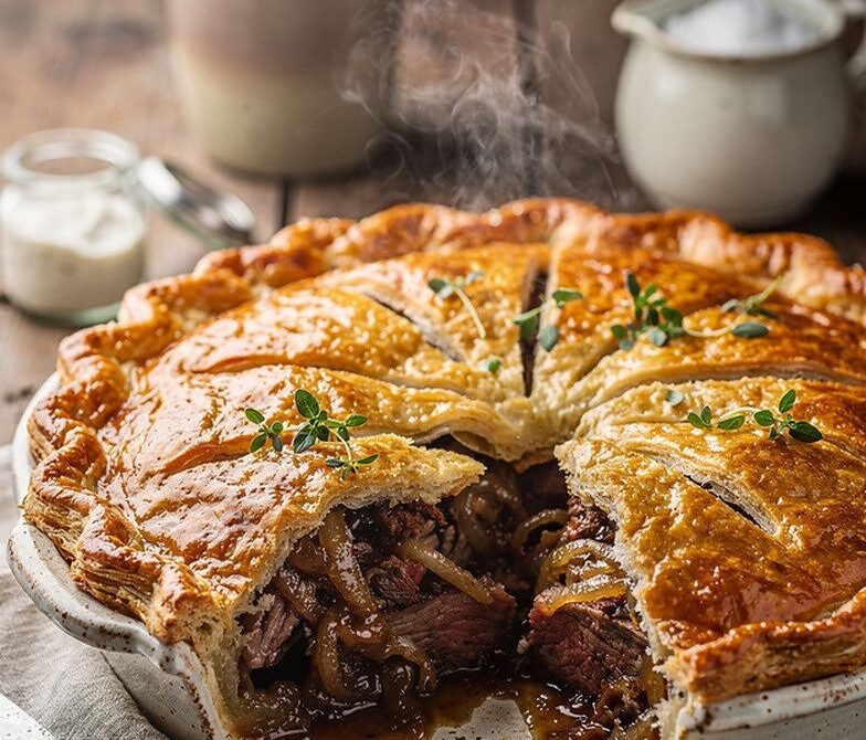 Roast Beef and Horseradish Pie With Onion Gravy
