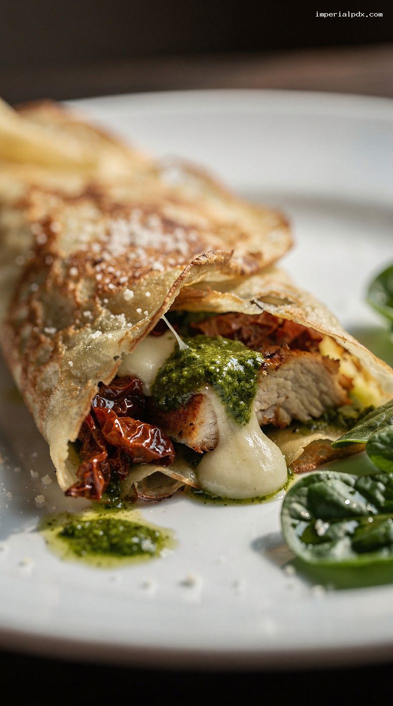 Roasted Chicken Pesto Crepes With Sun-Dried Tomatoes and Mozzarella – Closeup