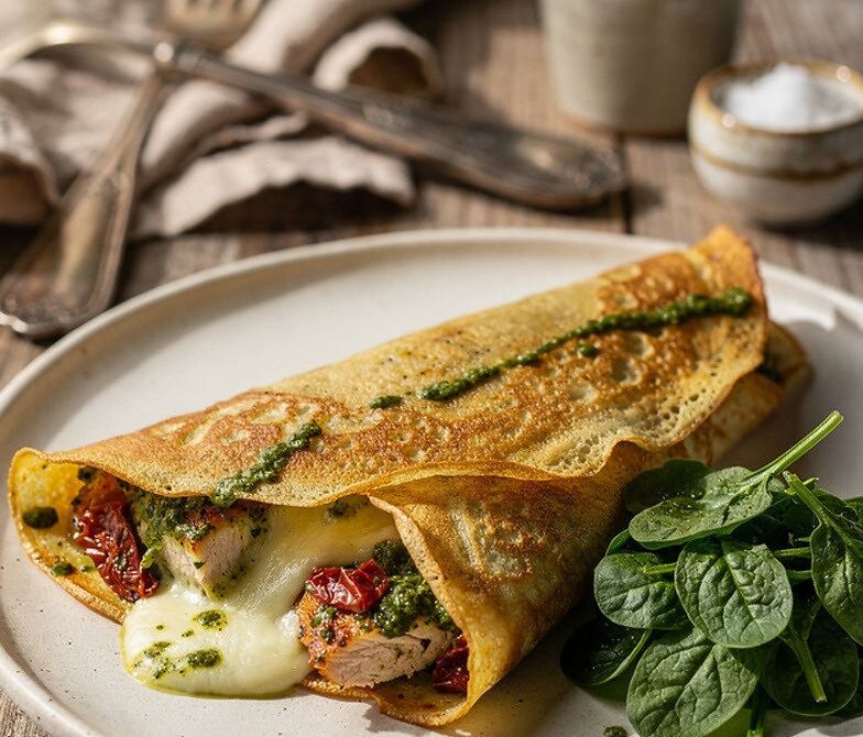 Roasted Chicken Pesto Crepes With Sun-Dried Tomatoes and Mozzarella