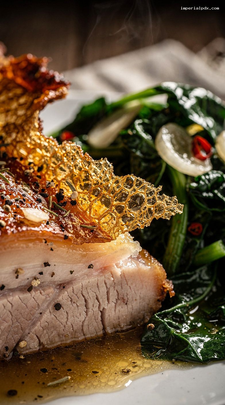 Roasted Pork Shoulder With Crackling and Vinegar Greens – Closeup