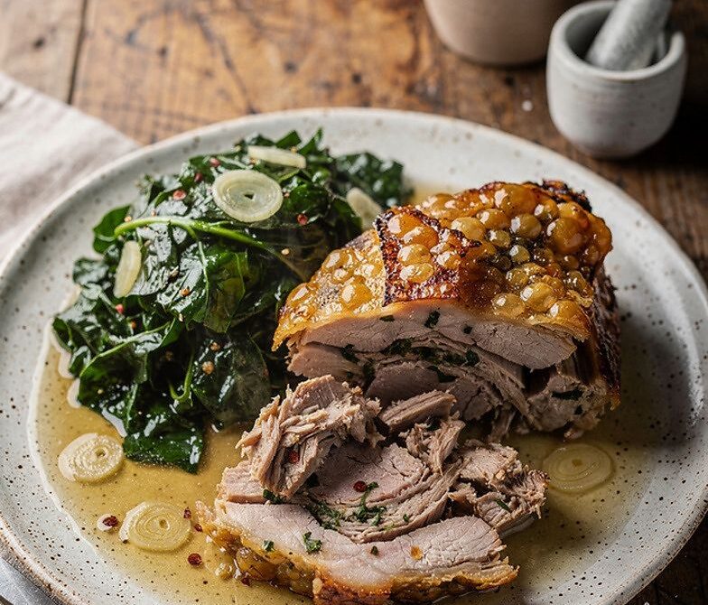 Roasted Pork Shoulder With Crackling and Vinegar Greens