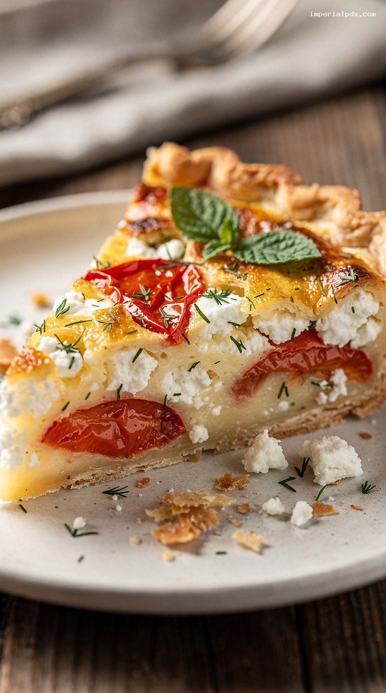 Roasted Red Pepper and Feta Pie with Garlic and Herbs – Closeup