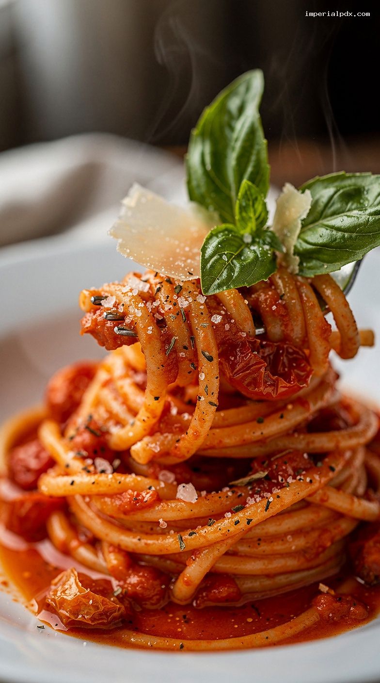 Roasted Tomato and Garlic Basil Pasta with Parmesan – Closeup