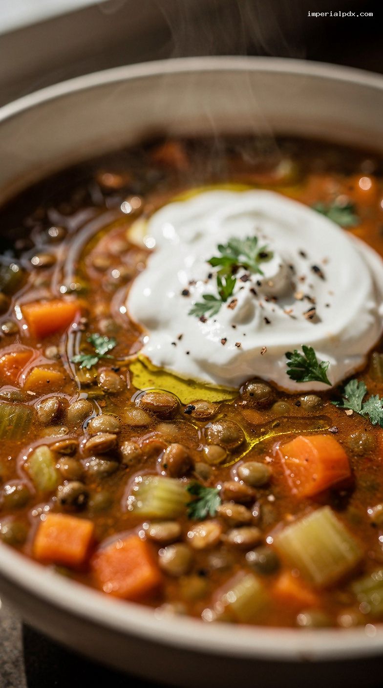 Rustic Lentil and Vegetable Soup with Herbs and Olive Oil – Closeup