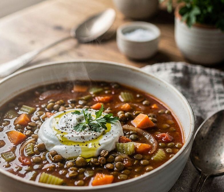 Rustic Lentil and Vegetable Soup with Herbs and Olive Oil