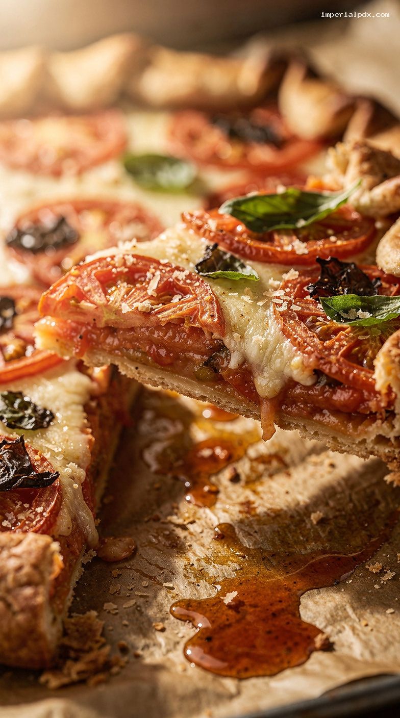 Rustic Tomato Basil Galette With Garlic and Cheese – Closeup