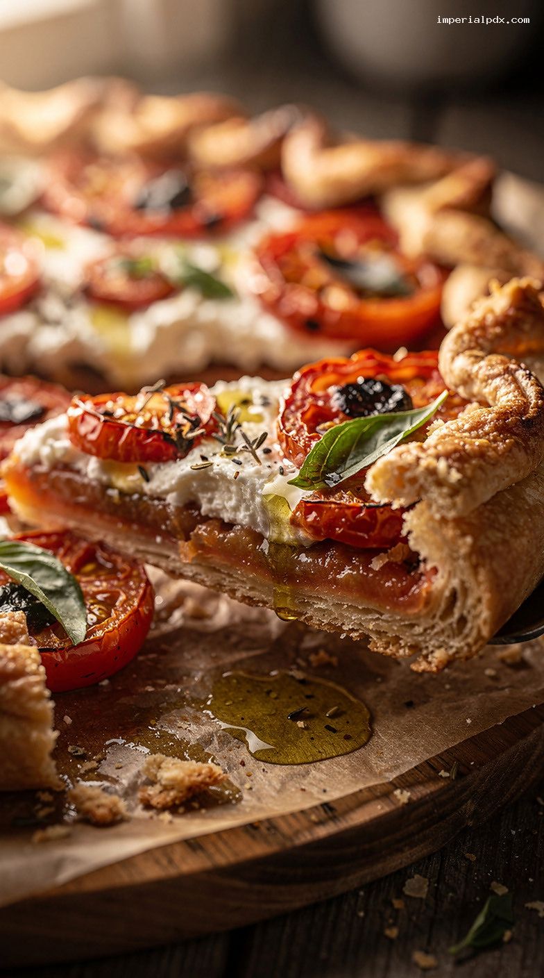 Rustic Tomato Galette With Garlic, Herbs, and Goat Cheese – Closeup