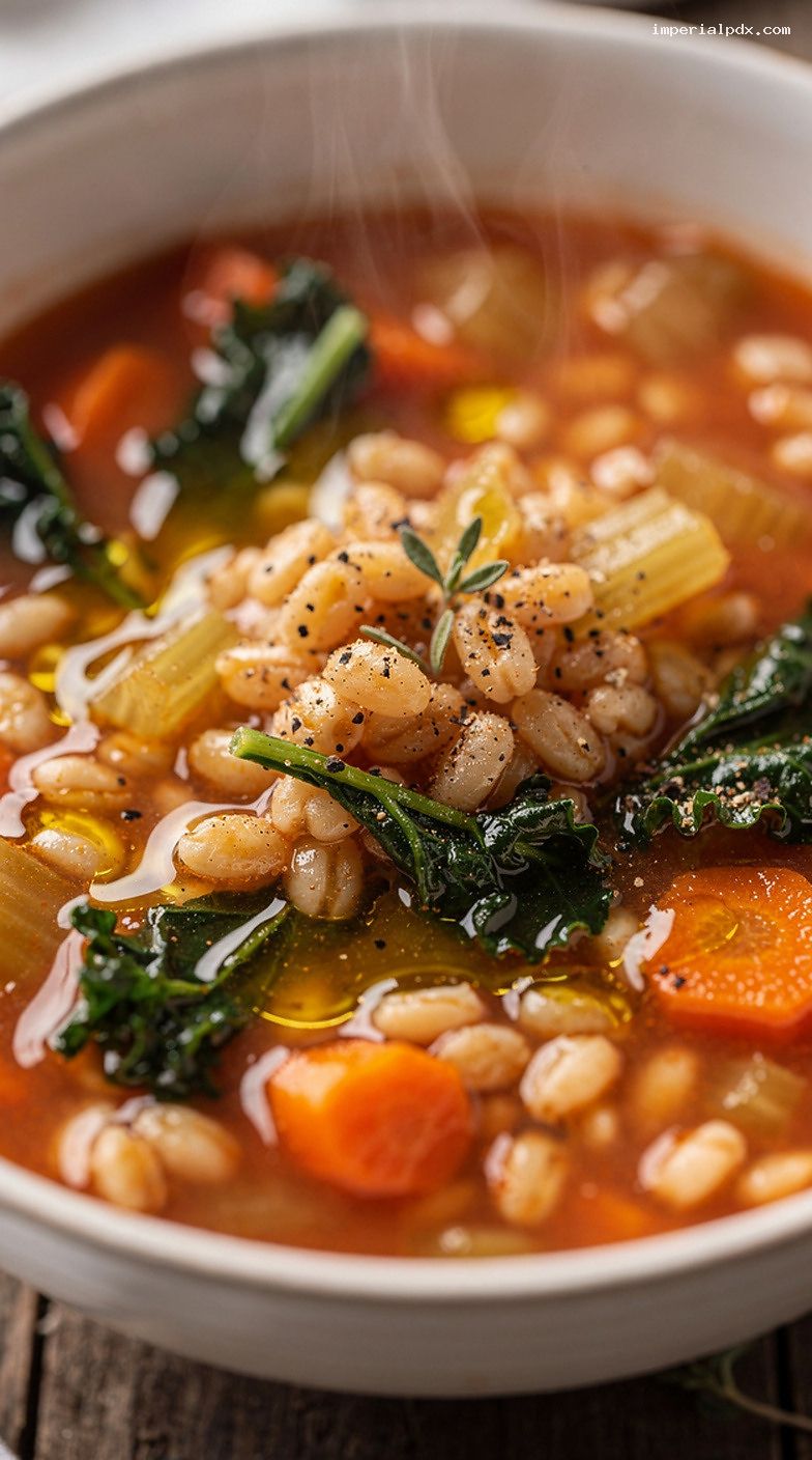 Rustic Vegetable and Barley Soup with Greens and Herbs – Closeup