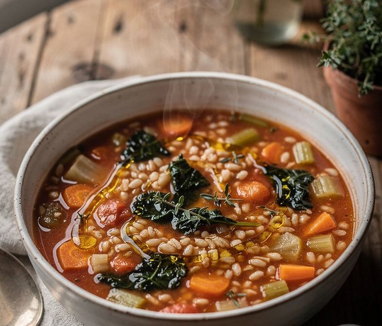 Rustic Vegetable and Barley Soup with Greens and Herbs