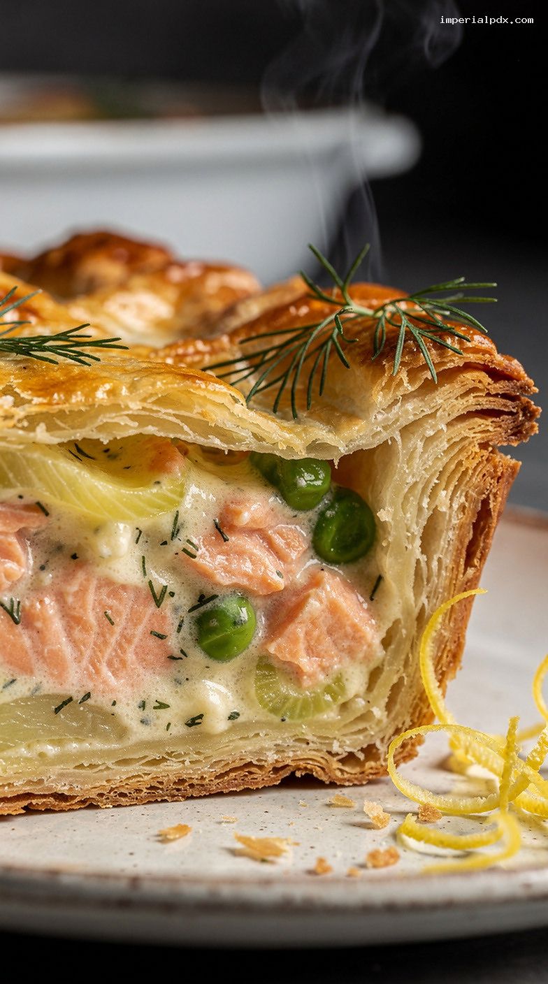 Salmon and Dill Puff Pastry Pie with Leeks and Peas – Closeup
